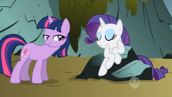 Size: 1023x576 | Tagged: safe, screencap, rarity, twilight sparkle, monster pony, octopony, original species, pony, unicorn, dragonshy, g4, season 1, abomination, animation error, duo, ei, female, great moments in animation, hub logo, mare, unicorn twilight