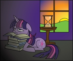 Size: 3767x3128 | Tagged: safe, artist:lauren faust, artist:yamigetsu, twilight sparkle, g4, book, colored, hourglass, sleepy, sunrise, tired