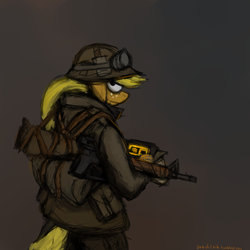 Size: 3000x3000 | Tagged: safe, artist:gordonfreeguy, applejack, earth pony, anthro, g4, 30 minute art challenge, crossover, fallout, fallout: new vegas, gun, military, ncr, rifle