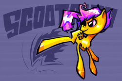 Size: 1200x800 | Tagged: safe, artist:kidcoelecanth, scootaloo, g4, action pose, folded wings, full body, kicking, looking back, shiny, shiny hooves, shiny mane, skinny, solo, thin, wings