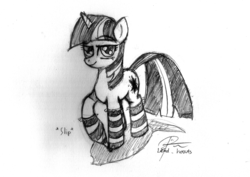 Size: 2048x1448 | Tagged: safe, artist:leadhooves, twilight sparkle, pony, g4, clothes, female, monochrome, socks, solo, striped socks, traditional art