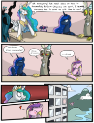 Size: 1200x1574 | Tagged: safe, artist:darkstarchan, discord, princess cadance, princess celestia, princess luna, queen chrysalis, trixie, twilight sparkle, g4, comic, defenestration, employer meme, exploitable meme, hejibits