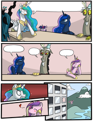 Size: 1200x1574 | Tagged: safe, artist:darkstarchan, discord, princess cadance, princess celestia, princess luna, queen chrysalis, trixie, twilight sparkle, g4, blank, comic, defenestration, employer meme, exploitable meme, hejibits, template