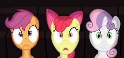 Size: 7174x3359 | Tagged: safe, artist:baka-neku, apple bloom, scootaloo, sweetie belle, g4, absurd resolution, black background, cutie mark crusaders, shocked, simple background, vector