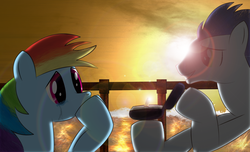 Size: 1024x623 | Tagged: safe, artist:brovic43, rainbow dash, soarin', g4, crying, female, male, marriage proposal, romantic, ship:soarindash, shipping, straight, sunset, tears of joy