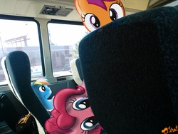 Size: 3264x2448 | Tagged: safe, artist:ojhat, pinkie pie, rainbow dash, scootaloo, g4, bus, photobomb, ponies in real life, scootabus, vector