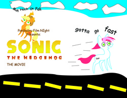 Size: 1000x773 | Tagged: safe, artist:daisyhead, applejack, oc, oc:flicker, ponibooru film night, g4, comic sans, crossover, gotta go fast, sonic the hedgehog (series)