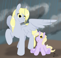 Size: 900x866 | Tagged: safe, artist:rottingroot, derpy hooves, dinky hooves, pegasus, pony, g4, equestria's best mother, female, mare, rain