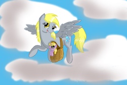 Size: 1800x1200 | Tagged: safe, artist:lauren-awesomesauce, derpy hooves, dinky hooves, g4, equestria's best mother, filly, flying, mailbag