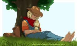 Size: 1152x694 | Tagged: safe, artist:hazurasinner, applejack, human, g4, barefoot, feet, humanized, nap, sleeping, soles