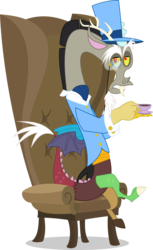 Size: 6248x10215 | Tagged: safe, artist:psyxofthoros, discord, draconequus, g4, keep calm and flutter on, absurd resolution, armchair, ascot, ascot tie, chair, clothes, cufflinks, cuffs (clothes), cummerbund, hat, like a sir, male, monocle, monocle and top hat, outfit catalog, simple background, suit, tea, top hat, transparent background, vector