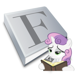 Size: 512x512 | Tagged: safe, sweetie belle, pony, unicorn, g4, apple, book, female, filly, foal, font, macintosh (computer), simple background, solo, transparent background