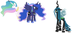 Size: 11010x5010 | Tagged: safe, artist:90sigma, princess celestia, princess luna, queen chrysalis, alicorn, changeling, pony, a canterlot wedding, g4, absurd resolution, alternate scenario, defeated, defending, female, now you fucked up, protecting, protective little sister, simple background, this will end in pain, transparent background, vector, you dun goofed