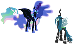 Size: 10500x6220 | Tagged: safe, artist:90sigma, nightmare moon, princess celestia, queen chrysalis, alicorn, changeling, pony, a canterlot wedding, g4, absurd resolution, alternate scenario, defeated, defending, female, nicemare moon, now you fucked up, oh crap, oh no, protecting, protective little sister, simple background, this will end in death, this will end in pain, transparent background, vector, you dun goofed