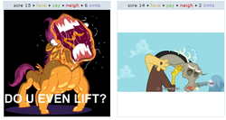 Size: 529x281 | Tagged: safe, discord, scootaloo, g4, brutaloo, do you even lift, exploitable meme, juxtaposition, juxtaposition win, wat