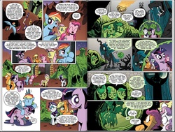 Size: 1245x942 | Tagged: safe, idw, official comic, apple bloom, applejack, fluttershy, pinkie pie, queen chrysalis, rainbow dash, rarity, scootaloo, sweetie belle, twilight sparkle, earth pony, pony, g4, the return of queen chrysalis, spoiler:comic, cocoon, drool, fangs, idw advertisement, preview, ruins, scared, tongue out, wovey dovey land