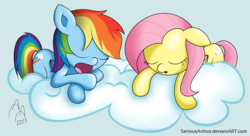 Size: 3000x1634 | Tagged: safe, artist:seriousarthos, fluttershy, rainbow dash, g4, chibi, cloud, sleeping, snoring