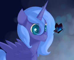 Size: 995x802 | Tagged: safe, artist:fikakorv, princess luna, butterfly, pony, g4, curious, cute, female, frown, s1 luna, solo, watching, woona