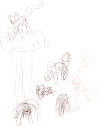Size: 1001x1236 | Tagged: source needed, safe, artist:noel, derpy hooves, fluttershy, pinkie pie, rainbow dash, rarity, twilight sparkle, pegasus, pony, g4, balloon, book, cloud, cloudy, everypony, female, mare, rain, sketch