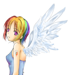 Size: 850x900 | Tagged: safe, artist:d-tomoyo, rainbow dash, human, g4, clothes, female, humanized, pixiv, simple background, solo, transparent background, winged humanization