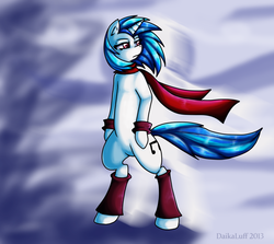 Size: 895x797 | Tagged: safe, artist:daikaluff, dj pon-3, vinyl scratch, pony, unicorn, g4, bipedal, clothes, scarf, solo, windswept mane