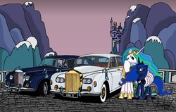 Size: 6045x3853 | Tagged: safe, artist:berlioz-ii, princess celestia, princess luna, g4, absurd resolution, canterlot, car, female, rolls-royce, rolls-royce phantom, sisters