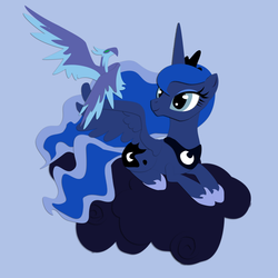 Size: 1200x1200 | Tagged: safe, artist:the-paper-pony, princess luna, alicorn, night phoenix, phoenix, pony, g4, blue background, cloud, female, lying down, mare, pet, simple background, solo, spread wings, wings