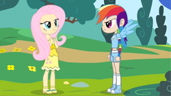 Size: 1921x1081 | Tagged: safe, artist:chanokun, artist:skill:draw, fluttershy, rainbow dash, human, g4, sonic rainboom (episode), belly button, clothes, converse, cute, dress, grass field, humanized, midriff, shoes, shorts, winged humanization, yay