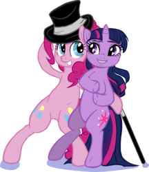 Size: 3450x4000 | Tagged: safe, artist:buttercupsaiyan, pinkie pie, twilight sparkle, earth pony, pony, unicorn, g4, belly, bipedal, cane, female, hat, high res, lesbian, mare, ship:twinkie, shipping, simple background, smiling, top hat, transparent background