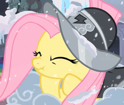 Size: 633x537 | Tagged: safe, screencap, fluttershy, private pansy, pony, g4, hearth's warming eve (episode), cropped, eyes closed, female, hearth's warming eve, helmet, scrunchy face, solo