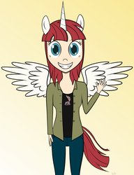 Size: 1024x1332 | Tagged: safe, artist:r-c-h, oc, oc only, oc:fausticorn, human, eared humanization, horn, horned humanization, humanized, lauren faust, tailed humanization, winged humanization