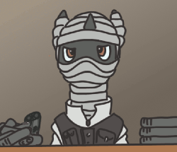 Size: 622x536 | Tagged: safe, artist:dontaskforcookie, pony, animated, bandage, fallout, fallout: new vegas, gun, joshua graham, pistol, ponified, solo