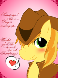 Size: 768x1024 | Tagged: safe, artist:kiraririnkan, braeburn, g4, adventure in the comments, apple, blushing, hat, heart, hearts and hooves day