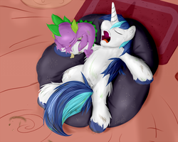 Size: 960x768 | Tagged: safe, artist:frist44, shining armor, spike, dragon, pony, unicorn, g4, bromance, brotherly love, duo, male, sibling love, sleeping