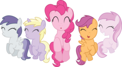 Size: 6721x3700 | Tagged: safe, artist:quanno3, dinky hooves, pinkie pie, piña colada, scootaloo, tornado bolt, earth pony, pegasus, pony, unicorn, a friend in deed, g4, ^^, background pony, eyes closed, female, filly, foal, jumping, mare, simple background, transparent background, vector