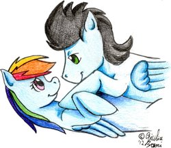 Size: 900x777 | Tagged: safe, artist:crazydiary86, rainbow dash, soarin', g4, female, male, ship:soarindash, shipping, straight, traditional art