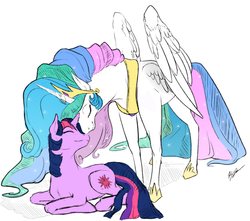 Size: 950x841 | Tagged: safe, artist:egophiliac, artist:glamador, princess celestia, twilight sparkle, alicorn, pony, unicorn, g4, colored, eyes closed, female, mare, momlestia, nuzzling, prone, realistic