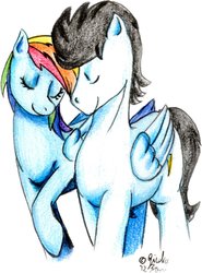 Size: 900x1217 | Tagged: safe, artist:crazydiary86, rainbow dash, soarin', g4, female, male, ship:soarindash, shipping, straight, traditional art