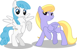 Size: 9001x5847 | Tagged: safe, artist:m99moron, cloud kicker, lightning bolt, white lightning, pegasus, pony, g4, absurd resolution, background pony, duo, female, mare, raised hoof, rearing, simple background, spread wings, transparent background, vector, wings
