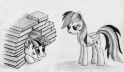 Size: 3432x2000 | Tagged: safe, artist:furor1, rainbow dash, twilight sparkle, g4, book, book fort, eye contact, frown, grayscale, grin, monochrome, prone, smiling, squee, unamused