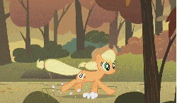 Size: 1023x600 | Tagged: safe, screencap, applejack, earth pony, pony, fall weather friends, g4, season 1, animated, applejack's hat, cowboy hat, female, forest, hat, loop, run cycle, running, running of the leaves, solo