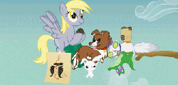 Size: 417x200 | Tagged: safe, artist:jinratgeist, angel bunny, derpy hooves, gummy, opalescence, owlowiscious, winona, pegasus, pony, g4, just for sidekicks, animated, derp, female, mare