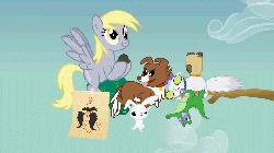 Size: 1280x720 | Tagged: safe, artist:jinratgeist, angel bunny, derpy hooves, gummy, opalescence, owlowiscious, philomena, winona, pegasus, pony, g4, just for sidekicks, animated, derp, female, mare, scrunchy face