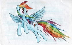 Size: 1027x645 | Tagged: safe, artist:magfen, rainbow dash, g4, flying, grin, smiling, spread wings, traditional art
