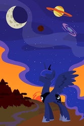 Size: 2400x3600 | Tagged: safe, artist:grandpalove, princess luna, alicorn, pony, g4, crescent moon, ethereal mane, eyes closed, female, galaxy, mare, moon, planet, planetary ring, solo, space, sunset, surreal, the cosmos, working