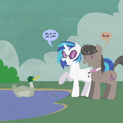 Size: 2000x2000 | Tagged: safe, artist:professor-ponyarity, dj pon-3, octavia melody, vinyl scratch, duck, g4, captain obvious, gif, non-animated gif, park