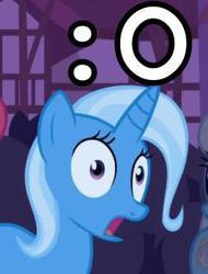 Size: 242x318 | Tagged: safe, trixie, pony, unicorn, g4, caption, female, horn, mare, offscreen character, reaction image, solo focus