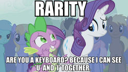 Size: 800x450 | Tagged: safe, edited screencap, screencap, rarity, spike, dragon, earth pony, pony, unicorn, boast busters, g4, bad pickup line spike, caption, female, male, mare, meme, stallion