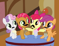 Size: 1100x856 | Tagged: safe, artist:barbeque, artist:empty-10, edit, apple bloom, babs seed, scootaloo, sweetie belle, g4, cutie mark crusaders, milkshake, moustache