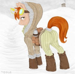 Size: 1280x1266 | Tagged: safe, oc, oc only, boots, butt, clothes, goggles, hoof boots, plot, snow, winter outfit